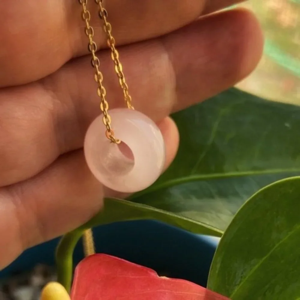 Pink Quartz  donut/worry stone Vermeil gold dainty necklace/ heart chakra
